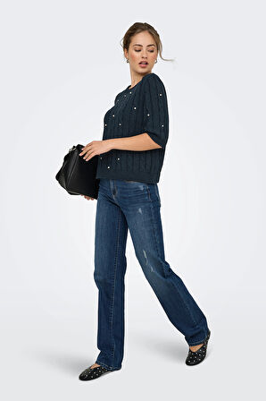 Only Kadın Onlsussı İnci ve Taş Süslemeli Kısa Kollu Örme Kazak 15352067 Lacivert