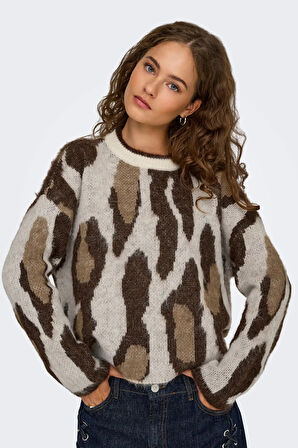 Only Kadın Onledelıe Desenli Bisiklet Yaka Örme Yün Kazak 15353092 Kahverengi