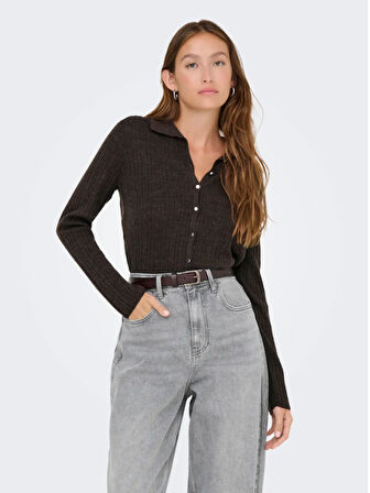 ONLY Onlthea Ls Button Polo Cardigan Knt Kadın Kahve Polo Yaka Hırka