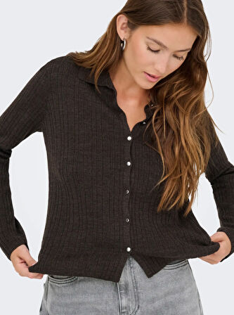 ONLY Onlthea Ls Button Polo Cardigan Knt Kadın Kahve Polo Yaka Hırka