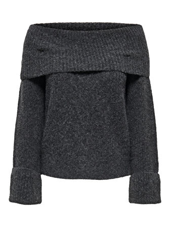 Only Kadın Düşük Omuz Koyu Gri Örme Kazak - 15352271