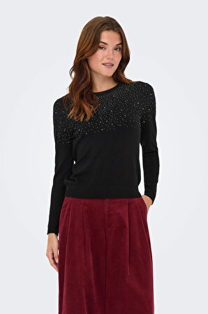 Only Kadın Onlanabella Taş Detaylı Bisiklet Yaka Kazak 15355228 Siyah