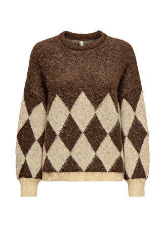 Only O Yaka Rahat Baklava Desenli Kahve - Bej Kadın Kazak ONLNOEME LIFE LS JQ O-NECK KNT