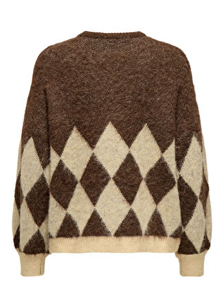 Only O Yaka Rahat Baklava Desenli Kahve - Bej Kadın Kazak ONLNOEME LIFE LS JQ O-NECK KNT