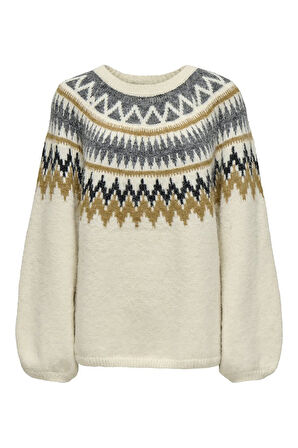 Only Kadın Onlreykja Desenli Sıfır Yaka Yünlü Kazak 15353221 Ekru