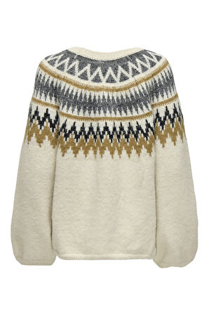 Only Kadın Onlreykja Desenli Sıfır Yaka Yünlü Kazak 15353221 Ekru
