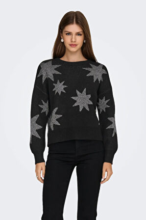 Only Kadın Onlrosıe Yıldız Desenli Bisiklet Yaka Örme Kazak 15328250 Siyah