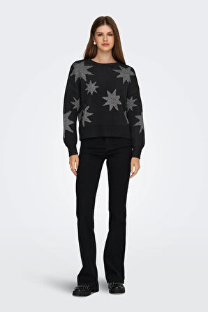 Only Kadın Onlrosıe Yıldız Desenli Bisiklet Yaka Örme Kazak 15328250 Siyah