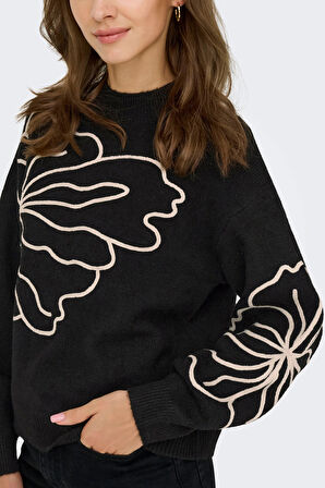 Only Kadın Jdyjella Desenli Yuvarlak Yaka Yünlü Kazak 15344518 Siyah