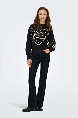 Only Kadın Jdyjella Desenli Yuvarlak Yaka Yünlü Kazak 15344518 Siyah