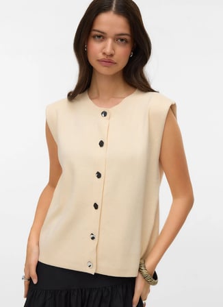 Vero Moda Yuvarlak Yaka Standart Düz Krem Kadın Kazak VMGOLD SL O-NECK BUTTON VEST BOO