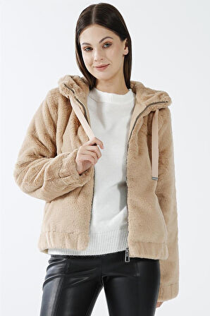 Only Kadın Onlvıda Kapüşonlu Peluş Mont 15260047 Bej