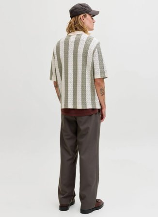 Jack & Jones Bej-Haki Erkek Loose Fit Çizgili Kazak 12272863 JORTYLER KNIT SS POLO SN