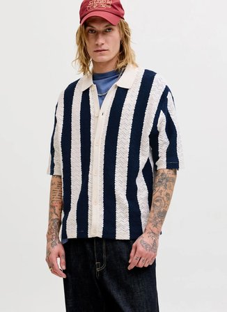Jack & Jones Mavi Erkek Loose Fit Şeritli Kazak 12272863 JORTYLER KNIT SS POLO SN