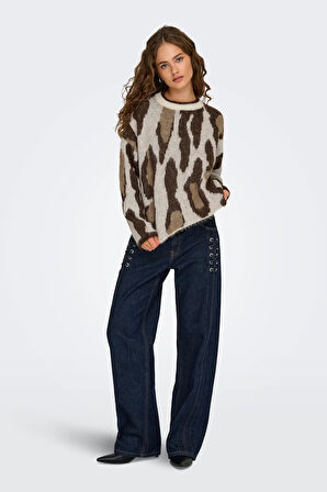 Only Kadın Onledelıe Desenli Bisiklet Yaka Örme Yün Kazak 15353092 Kahverengi