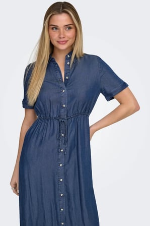 Only Kadın Onlcharıs Beli Lastikli ve İpli Kısa Kollu Düğmeli Uzun Elbise 15363971 Koyu Mavi