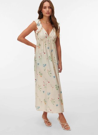 Vero Moda Krem Kadın Standart Elbise VMJOSIE SL ANKLE FRILL DRESS WVN GA