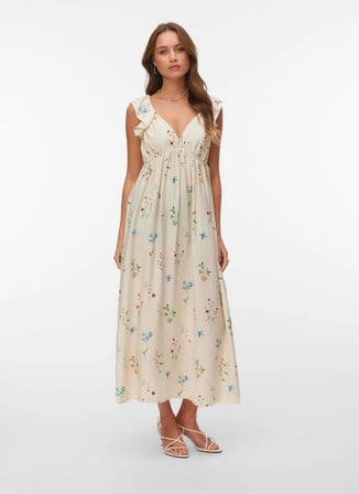 Vero Moda Krem Kadın Standart Elbise VMJOSIE SL ANKLE FRILL DRESS WVN GA