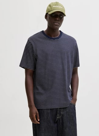 Jack & Jones Lacivert Erkek Rahat Çizgili T-Shirt 12288015 JJEDOVER STRIPED TEE CNECK