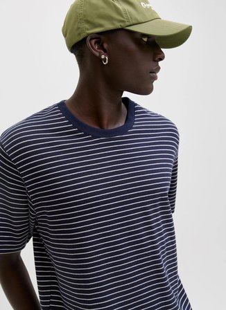 Jack & Jones Lacivert Erkek Rahat Çizgili T-Shirt 12288015 JJEDOVER STRIPED TEE CNECK