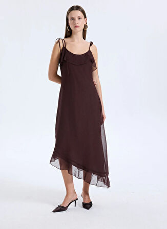 Vero Moda U Yaka Düz Kahve Diz Altı Kadın Elbise VMSABRINA BLK SCRF FLOUNCE DRESS WV