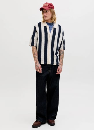 Jack & Jones Mavi Erkek Loose Fit Şeritli Kazak 12272863 JORTYLER KNIT SS POLO SN