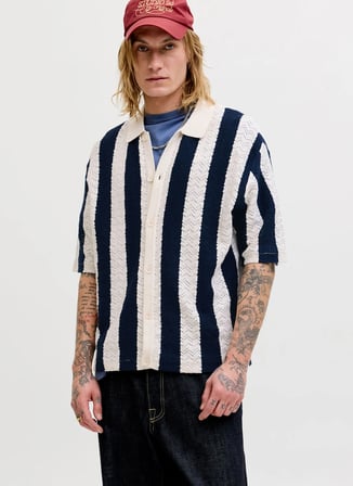 Jack & Jones Mavi Erkek Loose Fit Şeritli Kazak 12272863 JORTYLER KNIT SS POLO SN