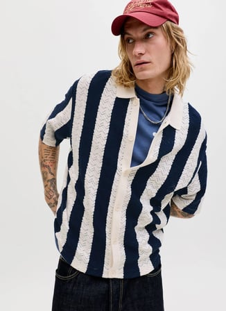 Jack & Jones Mavi Erkek Loose Fit Şeritli Kazak 12272863 JORTYLER KNIT SS POLO SN