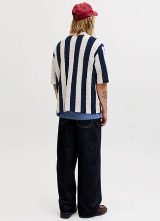 Jack & Jones Mavi Erkek Loose Fit Şeritli Kazak 12272863 JORTYLER KNIT SS POLO SN
