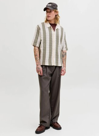 Jack & Jones Bej-Haki Erkek Loose Fit Çizgili Kazak 12272863 JORTYLER KNIT SS POLO SN