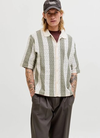 Jack & Jones Bej-Haki Erkek Loose Fit Çizgili Kazak 12272863 JORTYLER KNIT SS POLO SN