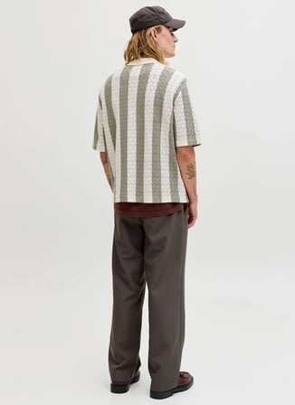 Jack & Jones Bej-Haki Erkek Loose Fit Çizgili Kazak 12272863 JORTYLER KNIT SS POLO SN