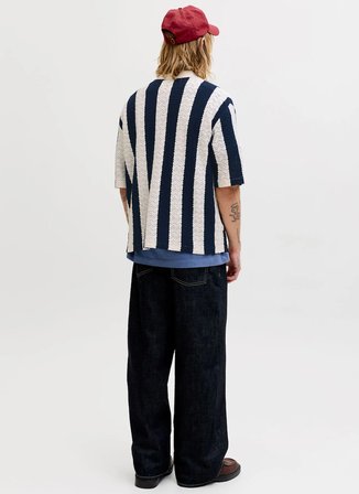 Jack & Jones Mavi Erkek Loose Fit Şeritli Kazak 12272863 JORTYLER KNIT SS POLO SN