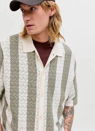 Jack & Jones Bej-Haki Erkek Loose Fit Çizgili Kazak 12272863 JORTYLER KNIT SS POLO SN