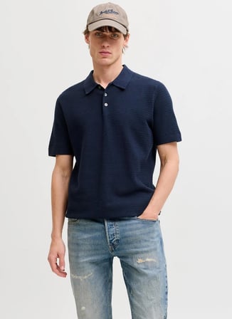 Jack & Jones Lacivert Erkek Normal Fit Kazak 12292034 JPRBLURILEY KNIT POLO SN