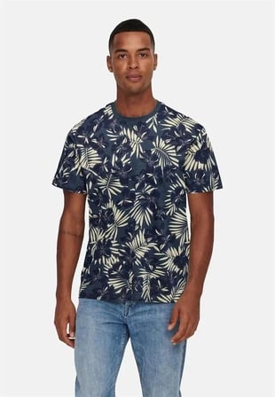 Only & Sons OnsPerry Life Reg Leaf AOP SS Tee Erkek Tişört Peacoat (22025283)