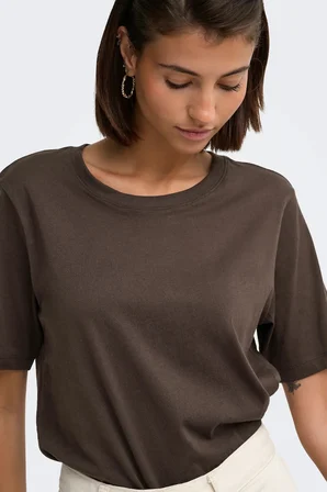 JDY Kadın Jdyrex Bisiklet Yaka %100 Pamuk T-Shirt 15344612 Kahverengi