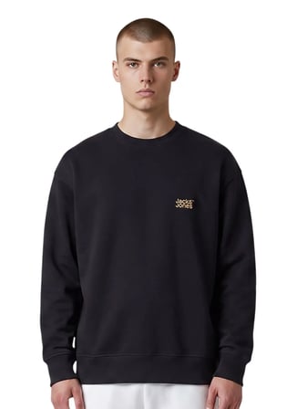Jack & Jones Siyah Erkek Yuvarlak Yaka Rahat Logo Baskılı Sweatshirt 12299015 JJECOLTON SWEAT CREW NECK