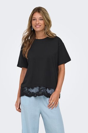 Only Onlvivvi Pamuklu Bisiklet Yaka Dantel Detaylı T Shirt Bayan T SHİRT 15385031 SİYAH
