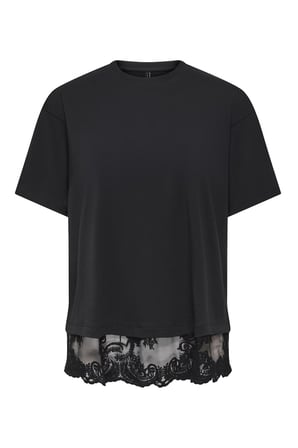Only Onlvivvi Pamuklu Bisiklet Yaka Dantel Detaylı T Shirt Bayan T SHİRT 15385031 SİYAH