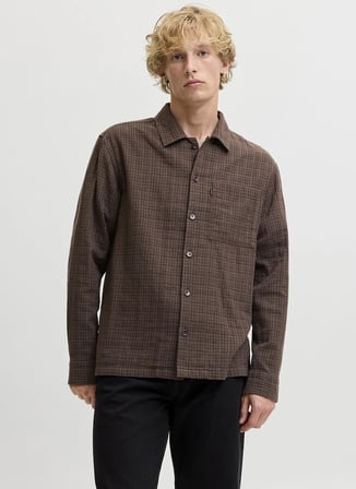 Jack & Jones Kahverengi Erkek Rahat Kareli Gömlek 12301356 JPRBLUCALEB L/S SHIRT