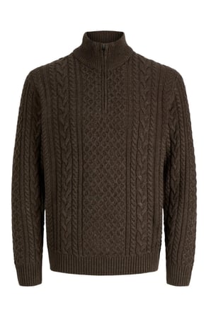 Jack & Jones Authentic Jprblucallum Örgü Desenli Yarım Fermuarlı Dik Yaka Kazak Erkek KAZAK 12299947 KAHVE