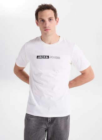 Jack & Jones Beyaz Erkek Standart Fit Logo Baskılı T-Shirt 12233999 JJECORP LOGO TEE PLAY NECK
