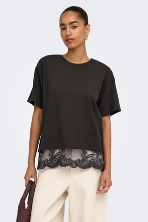Only Onlvivvi Pamuklu Bisiklet Yaka Dantel Detaylı T Shirt Kadın T SHİRT 15385031 KOYU KAHVE