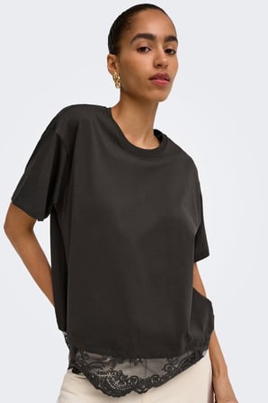 Only Onlvivvi Pamuklu Bisiklet Yaka Dantel Detaylı T Shirt Kadın T SHİRT 15385031 KOYU KAHVE