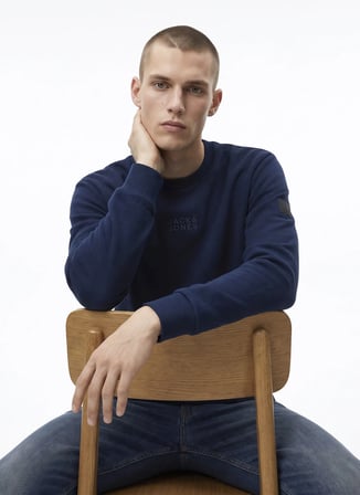 Jack & Jones 12299797 JORNEWPOINT SWEAT CREW Lacivert Erkek Yuvarlak Yaka Logo Baskılı Rahat Sweatshirt