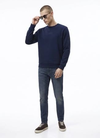 Jack & Jones 12299797 JORNEWPOINT SWEAT CREW Lacivert Erkek Yuvarlak Yaka Logo Baskılı Rahat Sweatshirt