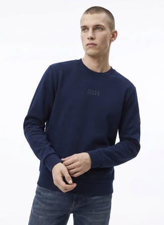 Jack & Jones 12299797 JORNEWPOINT SWEAT CREW Lacivert Erkek Yuvarlak Yaka Logo Baskılı Rahat Sweatshirt