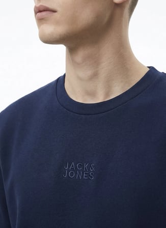 Jack & Jones 12299797 JORNEWPOINT SWEAT CREW Lacivert Erkek Yuvarlak Yaka Logo Baskılı Rahat Sweatshirt