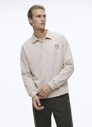 Jack & Jones Bej Erkek Rahat Logo Baskılı Sweatshirt 12299786 JORNEOPREP SWEAT POLO